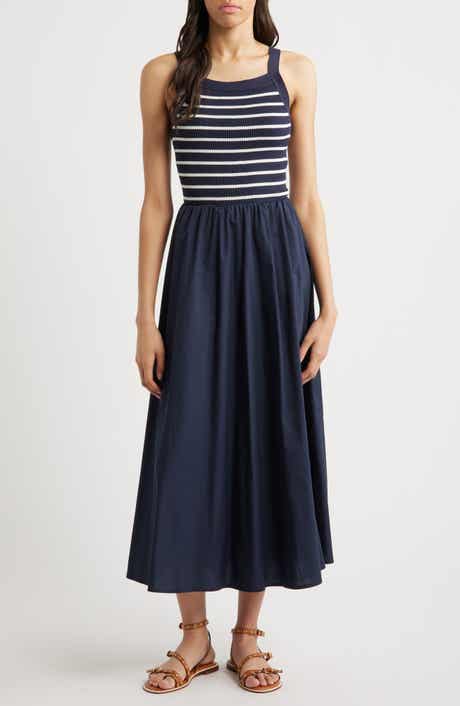 MOON RIVER Stripe Bodice Mixed Media Midi Dress