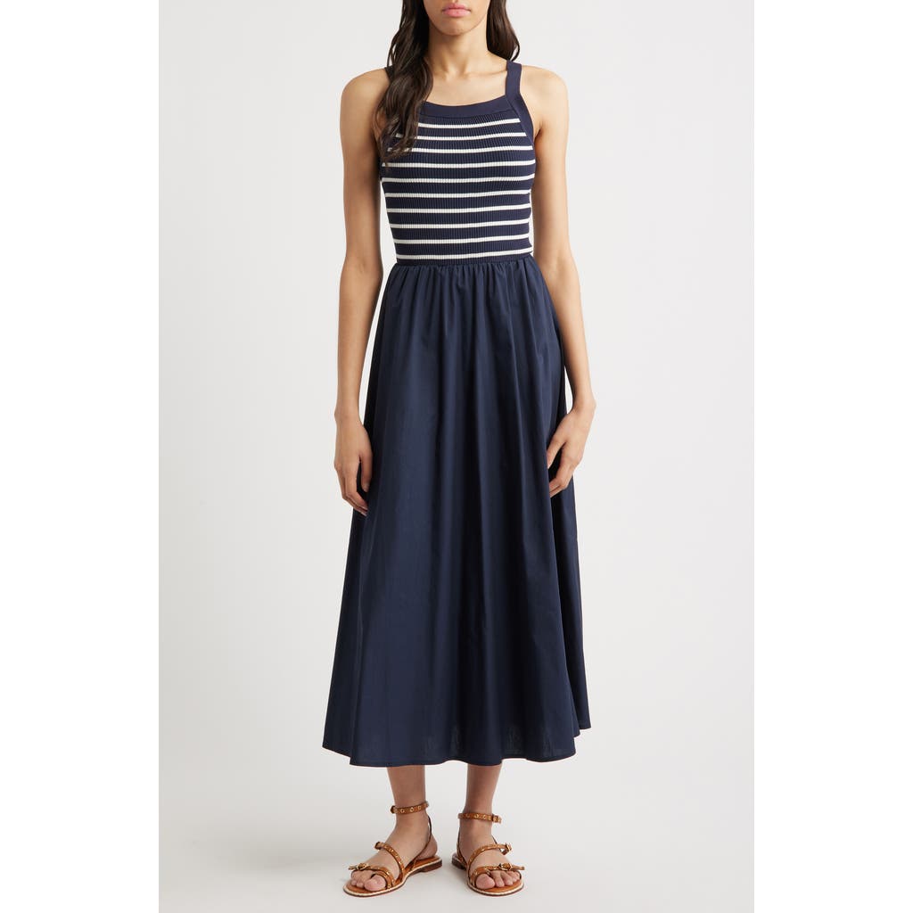 Moon River Stripe Bodice Mixed Media Midi Dress In Navy