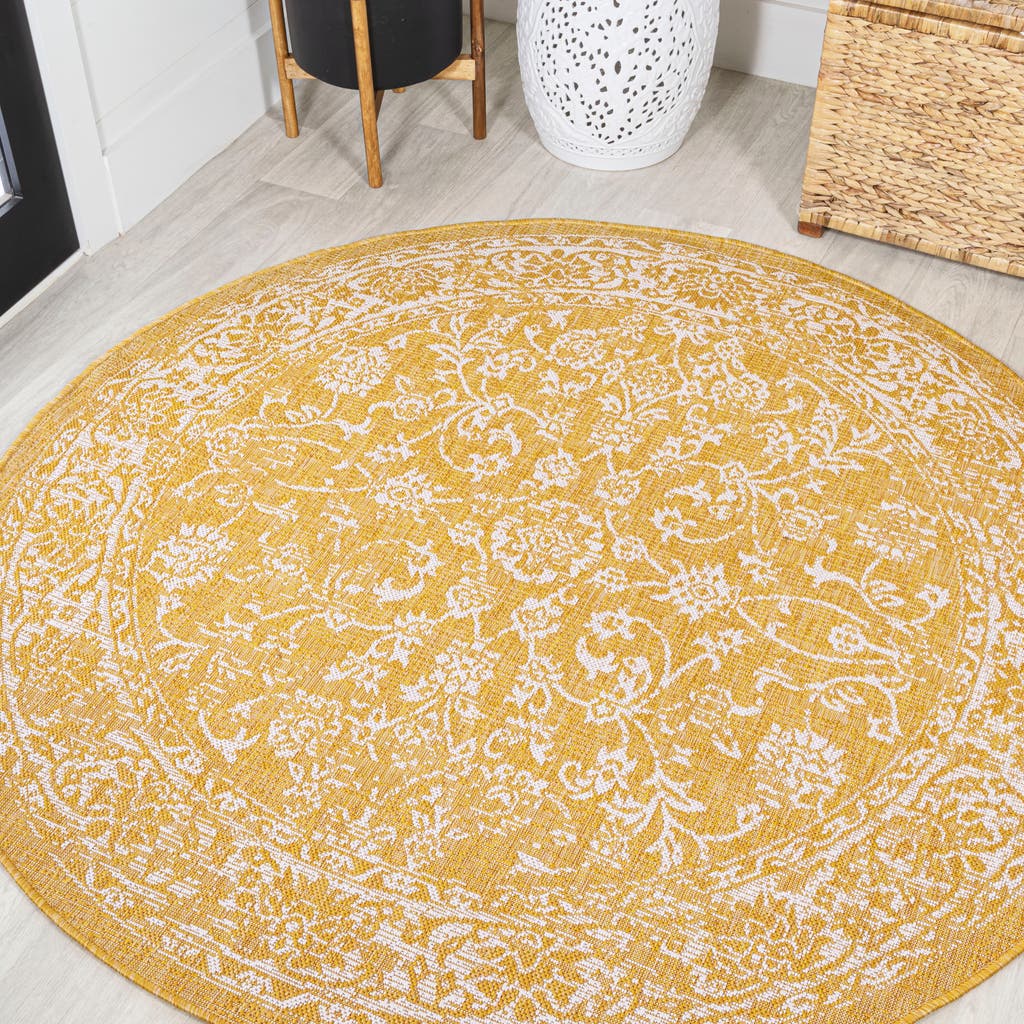 Jonathan Y Tela Bohemian Textured Weave Floral Indoor/outdoor Round Area Rug In Yellow/cream