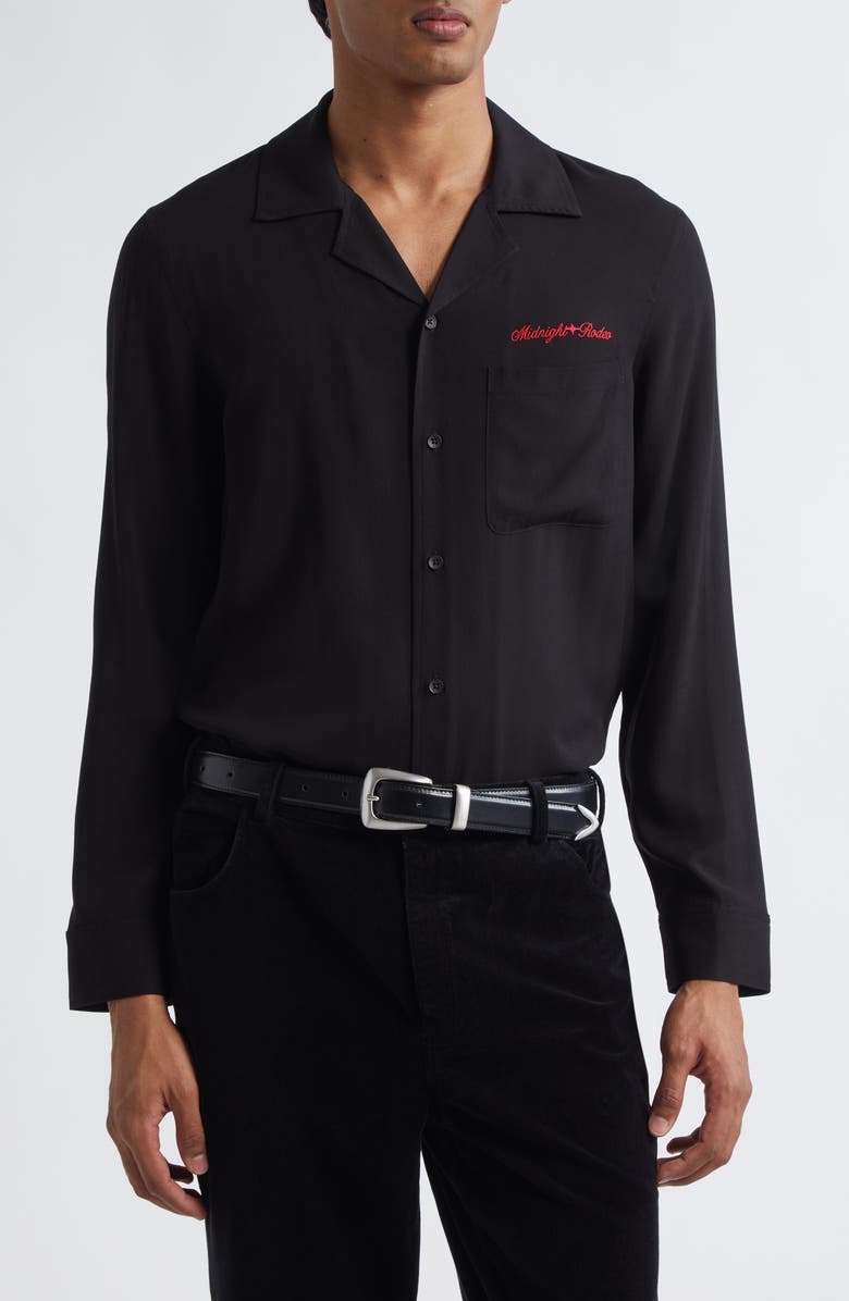 MIDNIGHT RODEO Logo Embroidered Crepe Camp Shirt, Main, color, Black