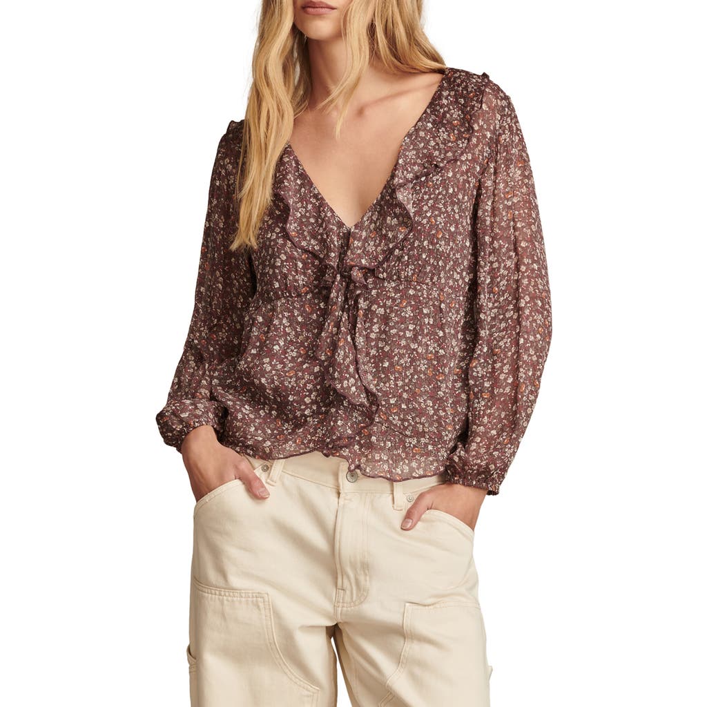 Lucky Brand Floral Ruffle Collar Top In Brown