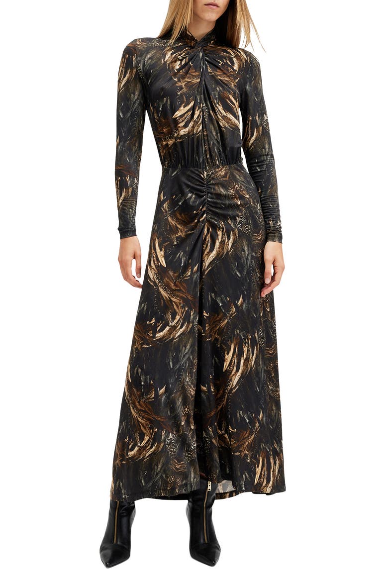Mina Printed Long Sleeve Slim Fit Maxi Dress, Main, color, CHARM BLACK