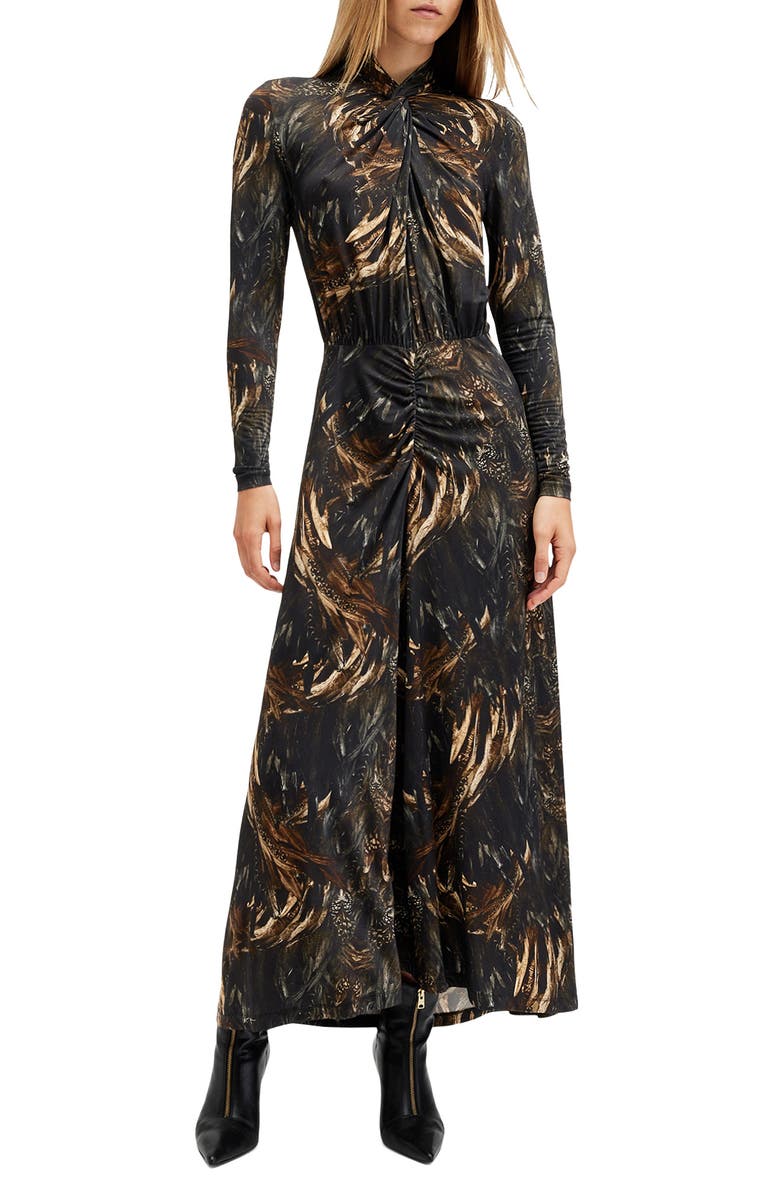 AllSaints Mina Printed Long Sleeve Slim Fit Maxi Dress, Main, color, 