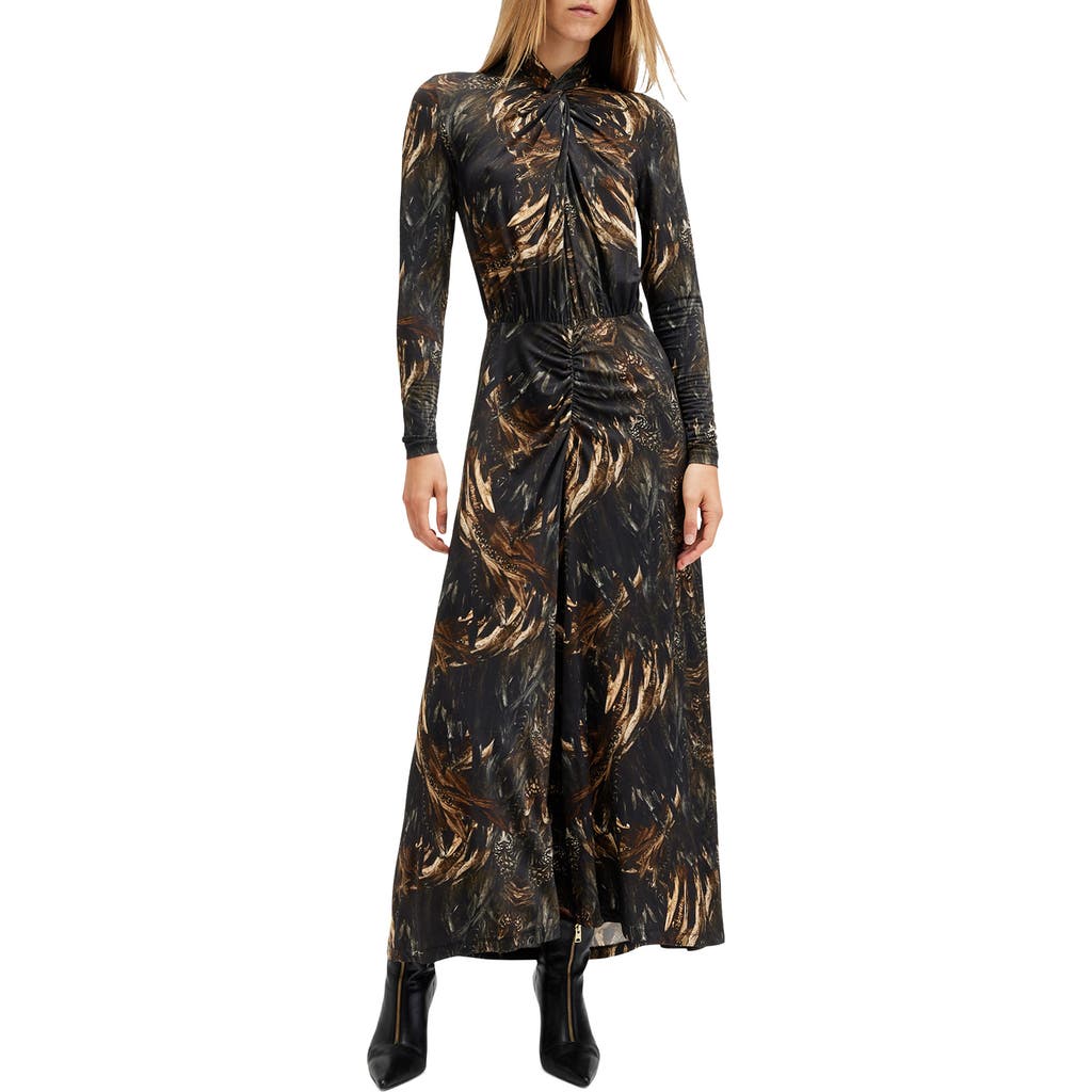 Allsaints Womens Kateri Hazel B Tia Graphic-print Long-sleeve Stretch-mesh Midi Dress In Charm Black