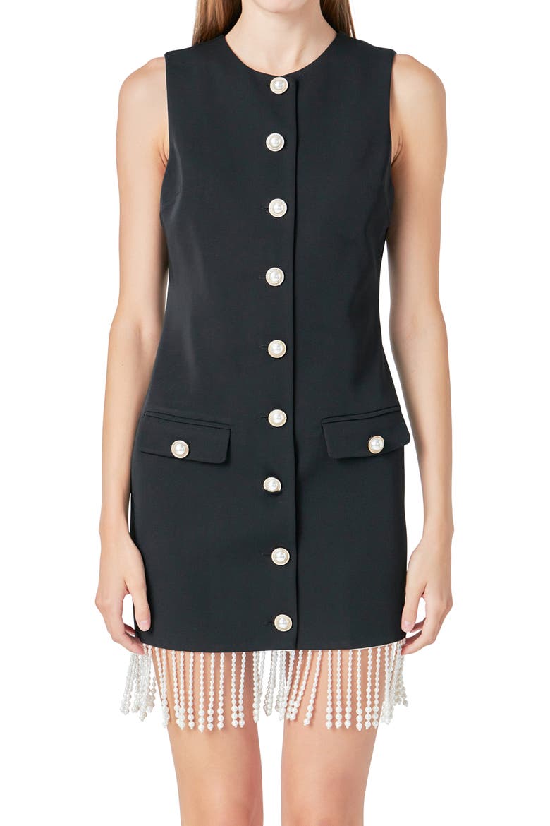 Imitation Pearl Beaded Fringe Button Front Minidress, Alternate, color, BLACK