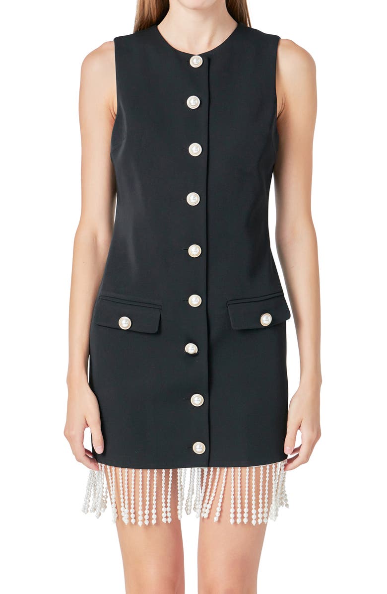 Endless Rose Imitation Pearl Beaded Fringe Button Front Minidress, Alternate, color, Black