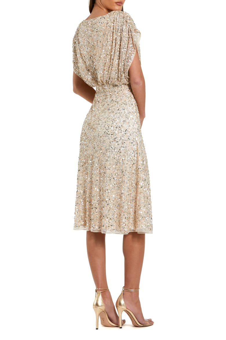 Sequin Draped Sleeve V-Neck Midi Dress, Alternate, color, Nude Silver