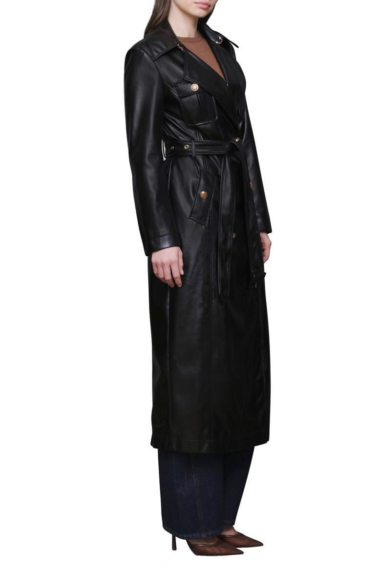 Belted Faux Leather Utility Trench Coat, Alternate, color, BLACK