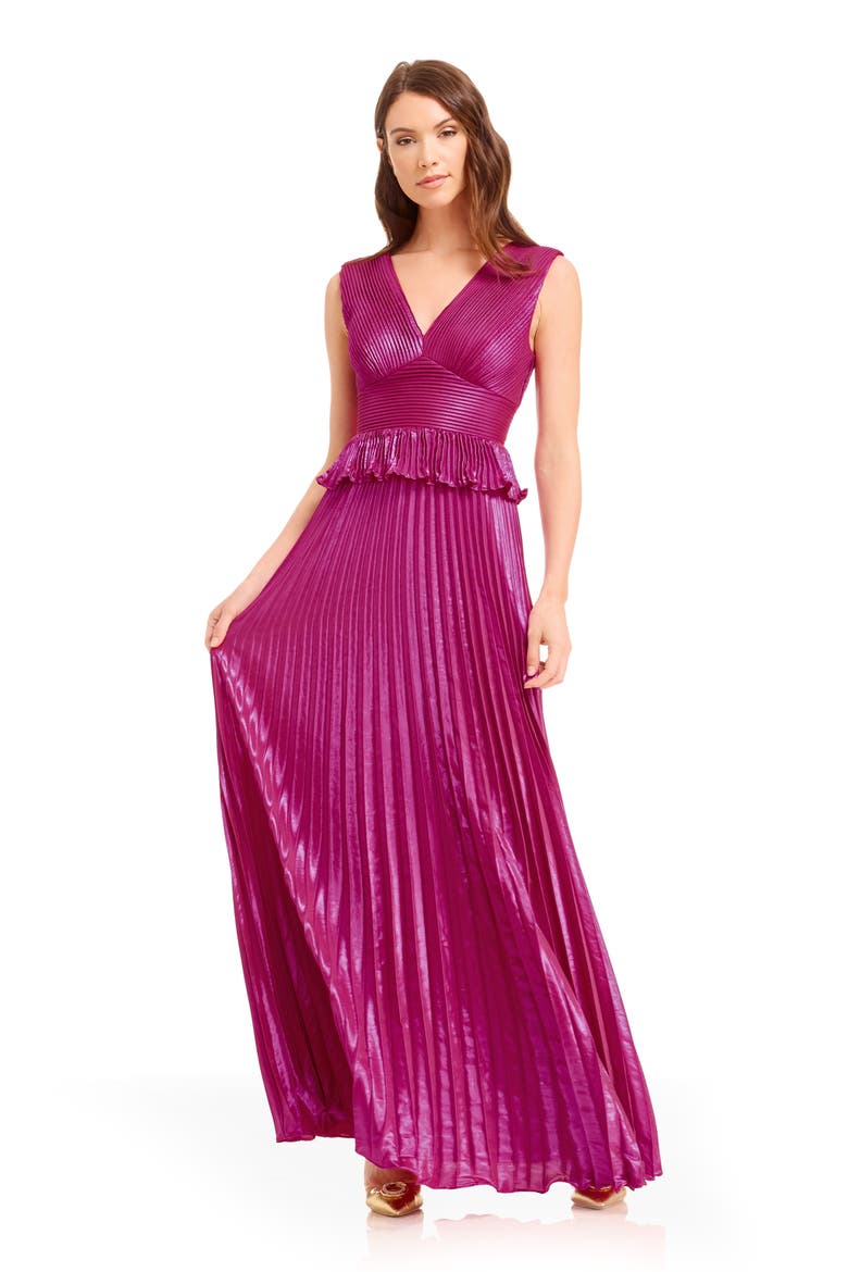 Liliana Metallic Pleated Gown, Alternate, color, FUCHSIA