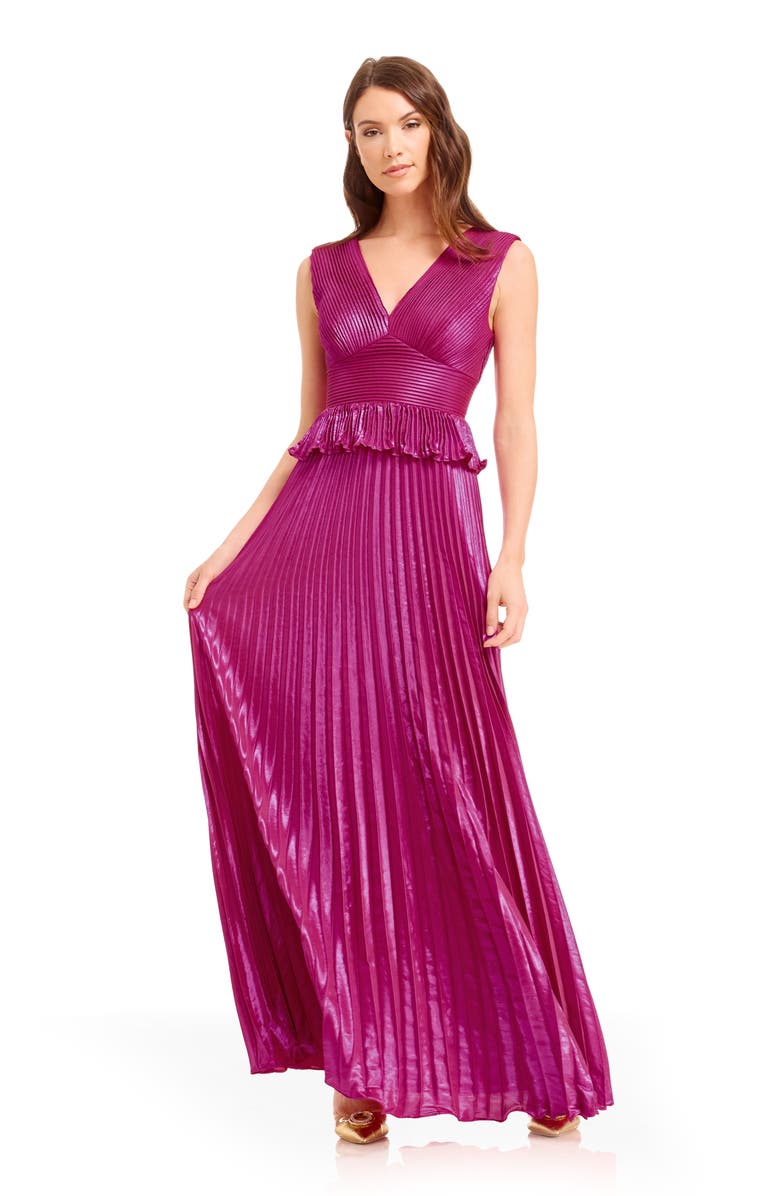 Dress the Population Liliana Metallic Pleated Gown, Alternate, color, Fuchsia
