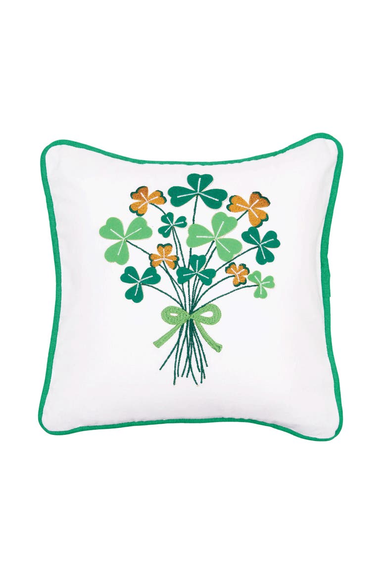 St. Patrick's Day Shamrock Bouquet Embroidered Mini Cotton Accent Pillow, 10" x 10", Main, color, Green