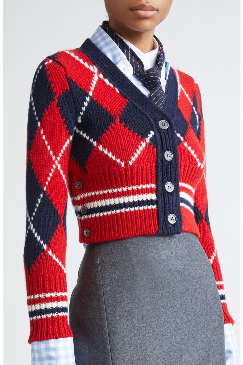 Argyle Intarsia Shrunken Virgin Wool Blend Cardigan, Alternate, color, RED/ WHITE/ BLUE