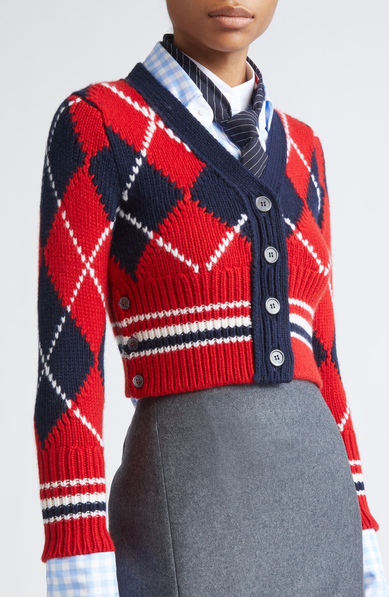 Thom Browne Argyle Intarsia Shrunken Virgin Wool Blend Cardigan, Alternate, color, Red/ White/ Blue
