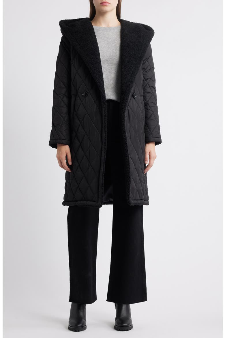 Faux Shearling Lined Quilted Hooded Coat, Alternate, color, BLACK