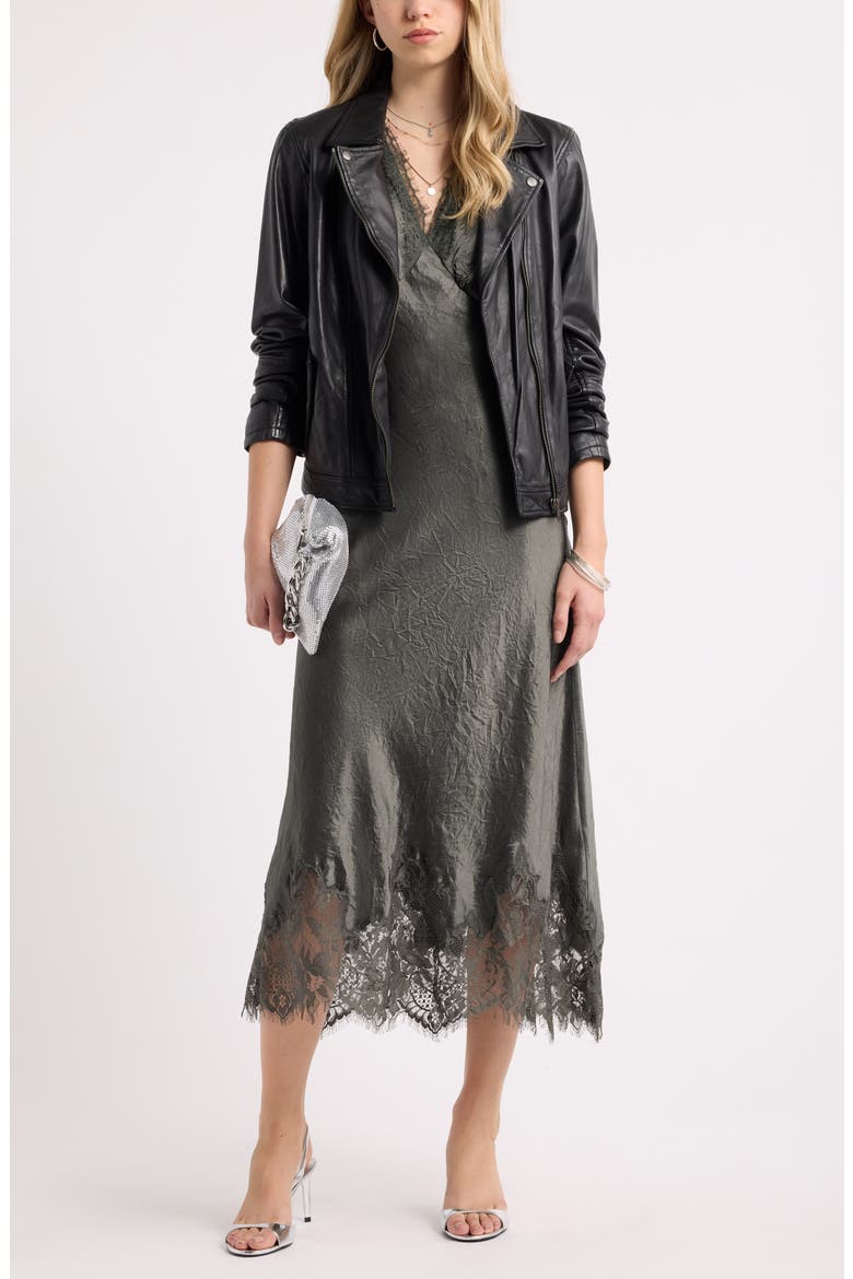 Lace Trim Satin Midi Dress, Alternate, color, GREY COBBLE