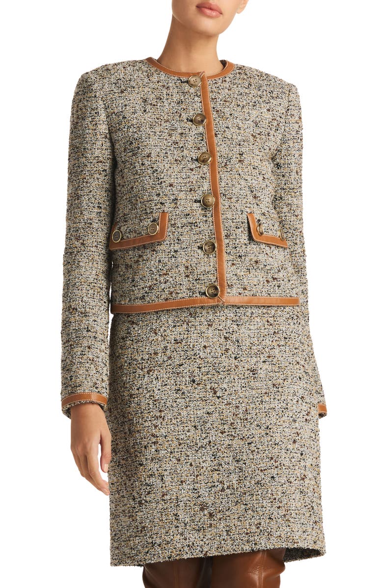 ST. JOHN Crop Leather Trim Bouclé Tweed Jacket, Main, color,