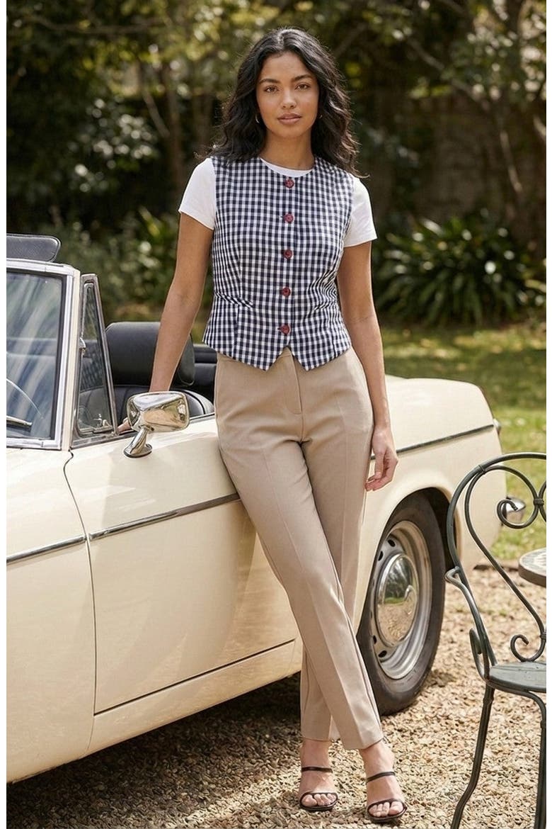 Sleeveless Gingham Button Front Top with Waist Tie, Alternate, color, Blue