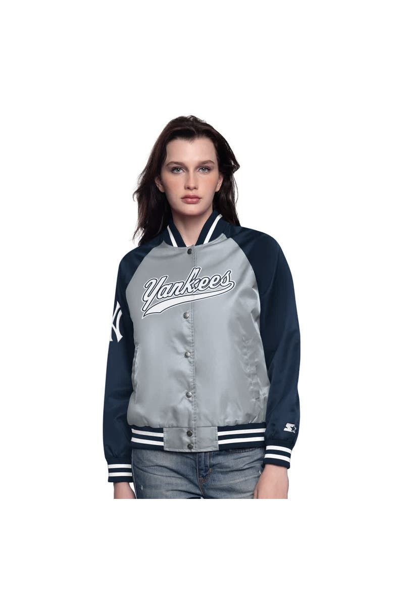 STARTER Women's Starter Gray/Navy New York Yankees Home Run Full-Snap Varsity Jacket, Alternate, color, Gray