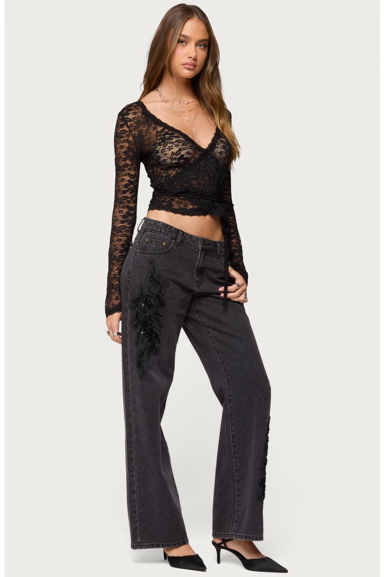 Rossa Beaded Low Rise Wide Leg Jeans, Alternate, color, BLACK-WASHED
