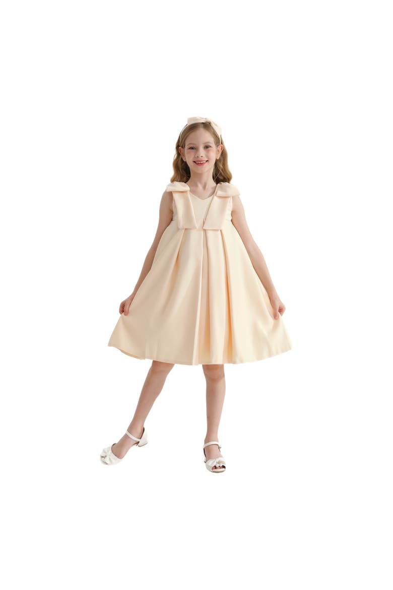 Palermo Satin Bow Pleated Dress, Alternate, color, Champagne
