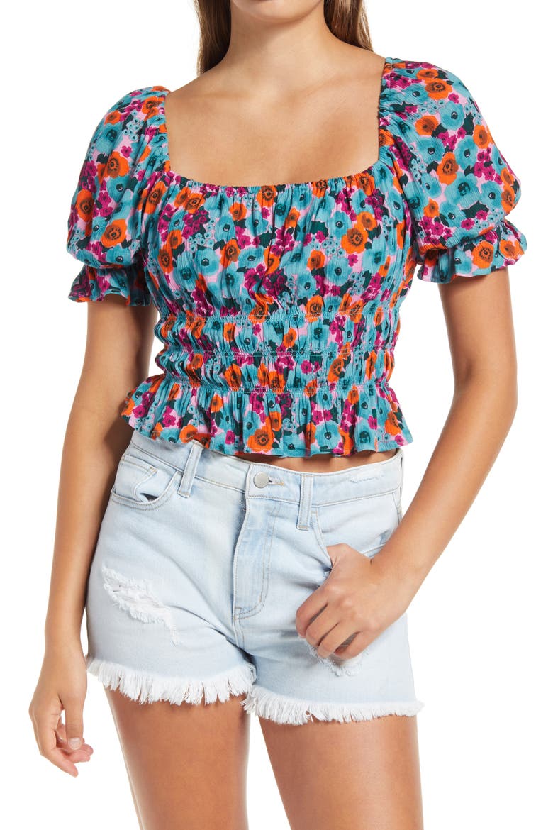 Print Smocked Square Neck Top, Main, color, ORANGE FLORAL