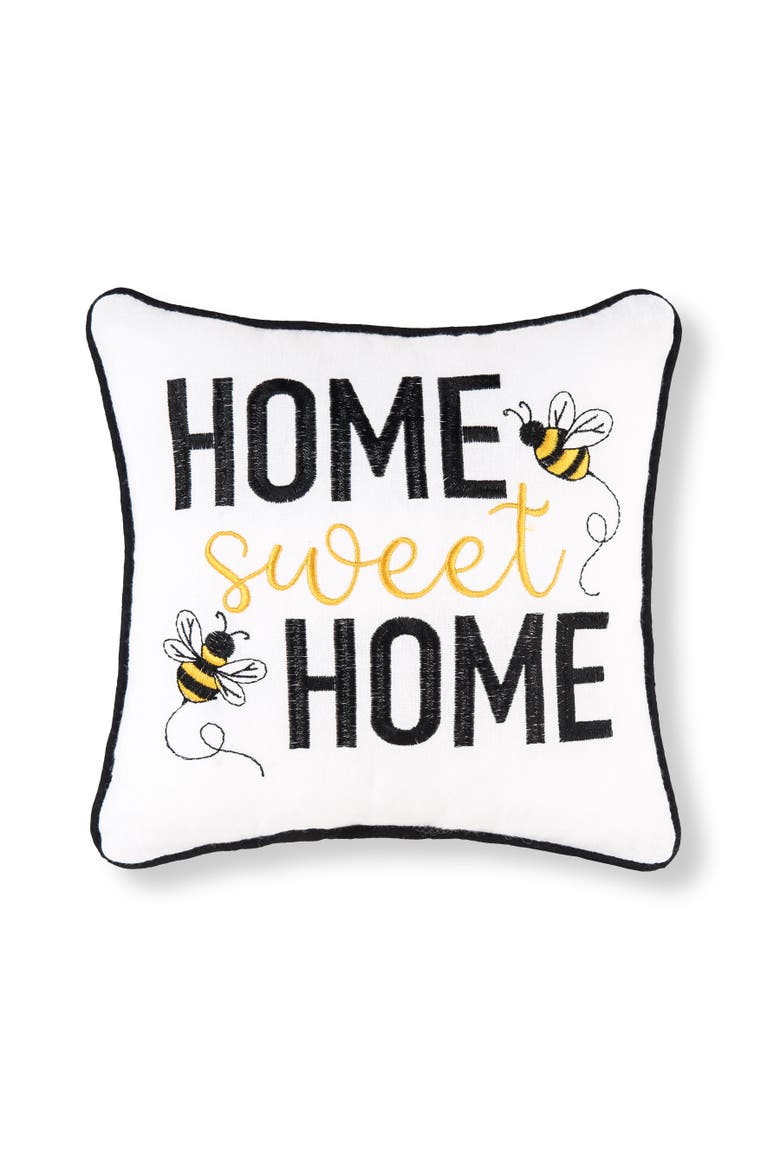 Buzzing Bumble Bees "Home Sweet Home" Embroidered Mini Accent Pillow, 10" x 10", Main, color, White