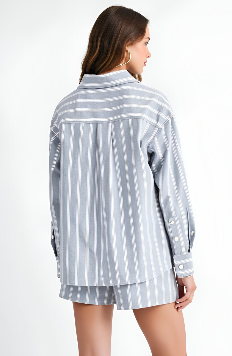 Modenaire Striped Button-Up Shirt and High-Waist Shorts Set with Relaxed Fit, Alternate, color, 