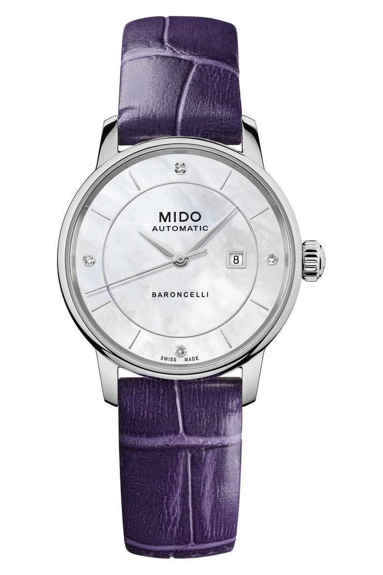 Baroncelli Signature Lady Colors Leather Strap Watch, 30mm, Alternate, color, MOTHER OF PEARL/ MULTI