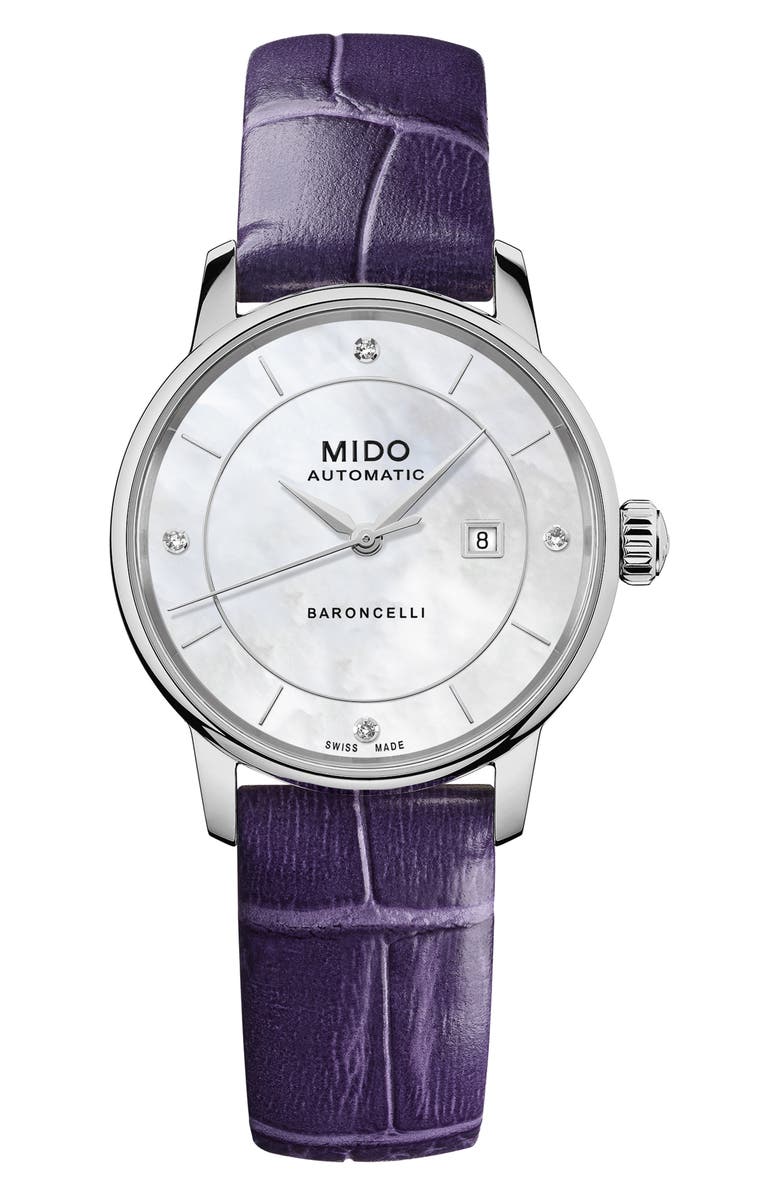 MIDO Baroncelli Signature Lady Colors Leather Strap Watch, 30mm, Alternate, color, Mother Of Pearl/ Multi
