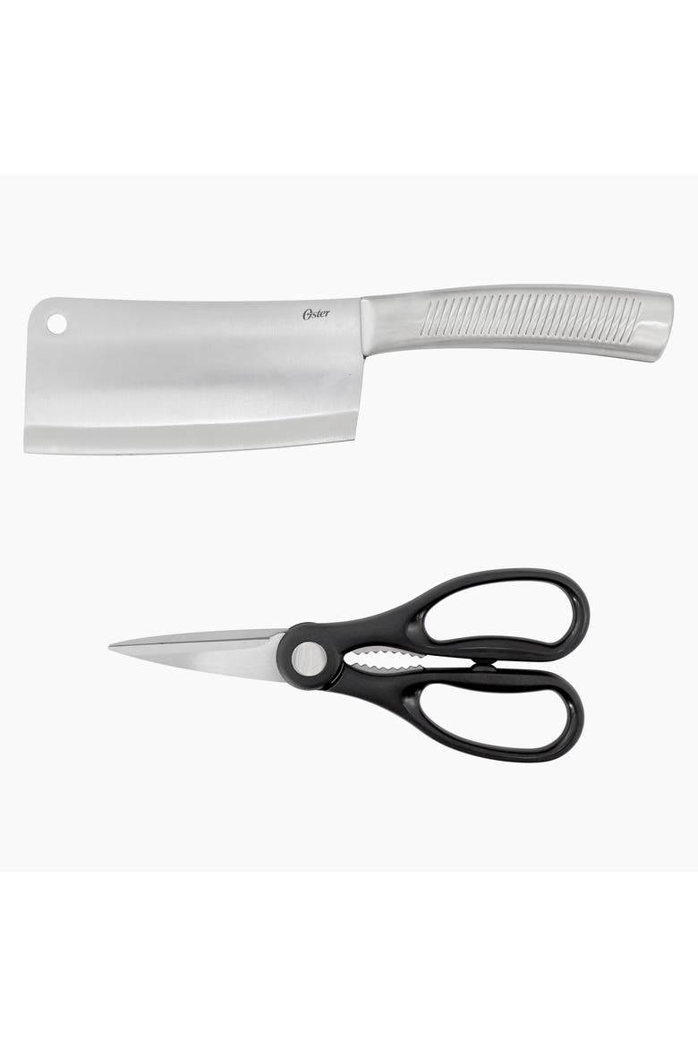 2pc Stainless Steel Cleaver+Scissors Set Ridged Handles, Main, color, Silver