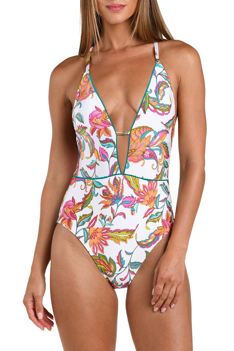 Wild Vines Plunge One-Piece Swimsuit, Main, color, WHITE MULTI