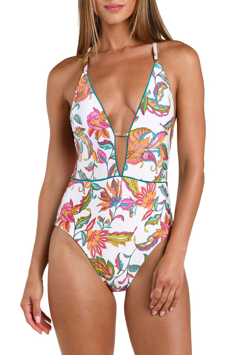 Sunshine 79 Wild Vines Plunge One-Piece Swimsuit, Main, color, White Multi
