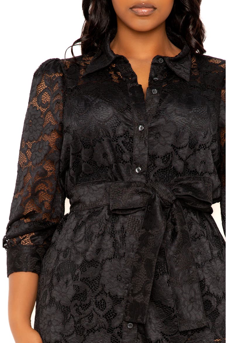 Floral Tie Belt Lace Midi Shirtdress, Alternate, color, BLACK