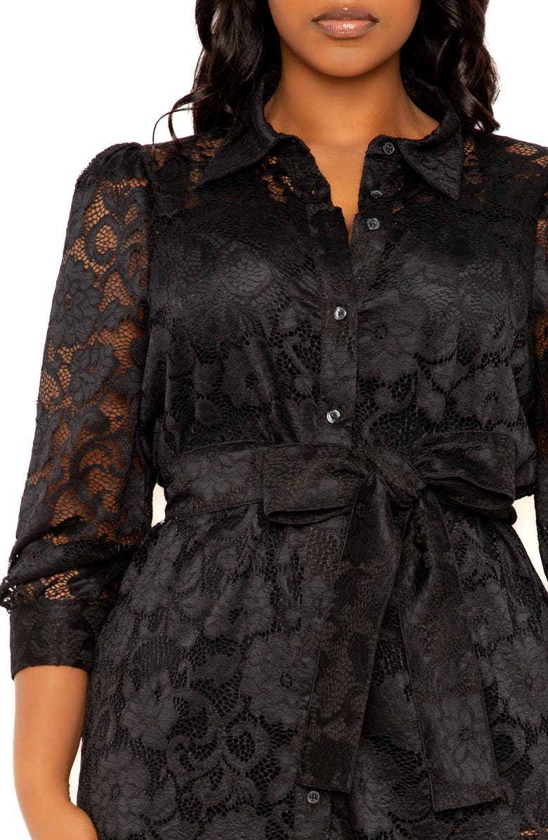 BUXOM COUTURE Floral Tie Belt Lace Midi Shirtdress, Alternate, color, Black