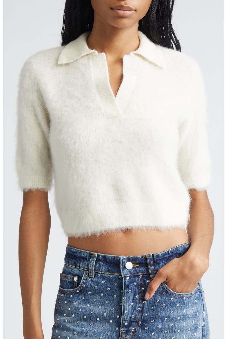 Tie Scarf Overlay Crop Alpaca & Merino Wool Blend Polo, Alternate, color, CREAM