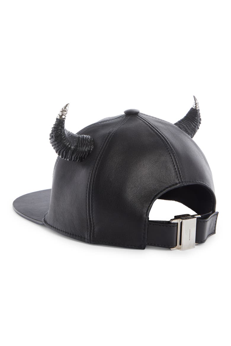 Leather Baseball Cap with Horns, Alternate, color, BLACK