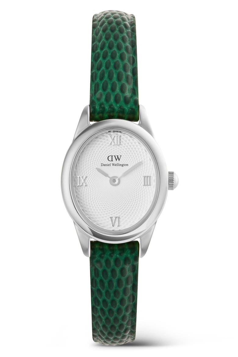 Ophelia Mini Leather Strap Watch, 22mm x 25.5mm, Main, color, SILVER-TONE/ GREEN
