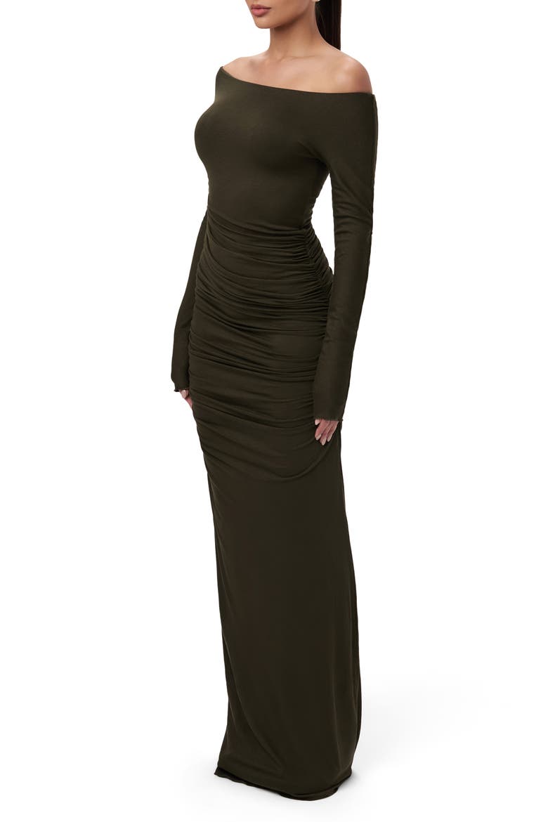 Off the Shoulder Long Sleeve Body-Con Maxi Dress, Alternate, color, OLIVE