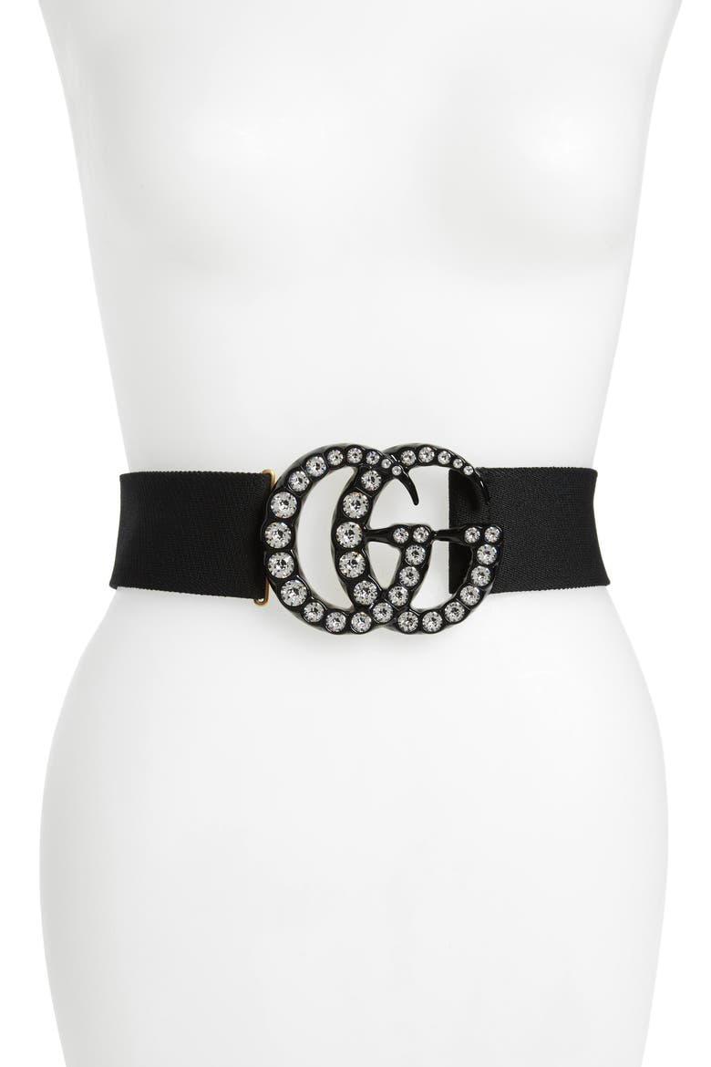 GG Marmont Crystal Buckle Stretch Belt, Main, color, NERO/ CRYSTAL