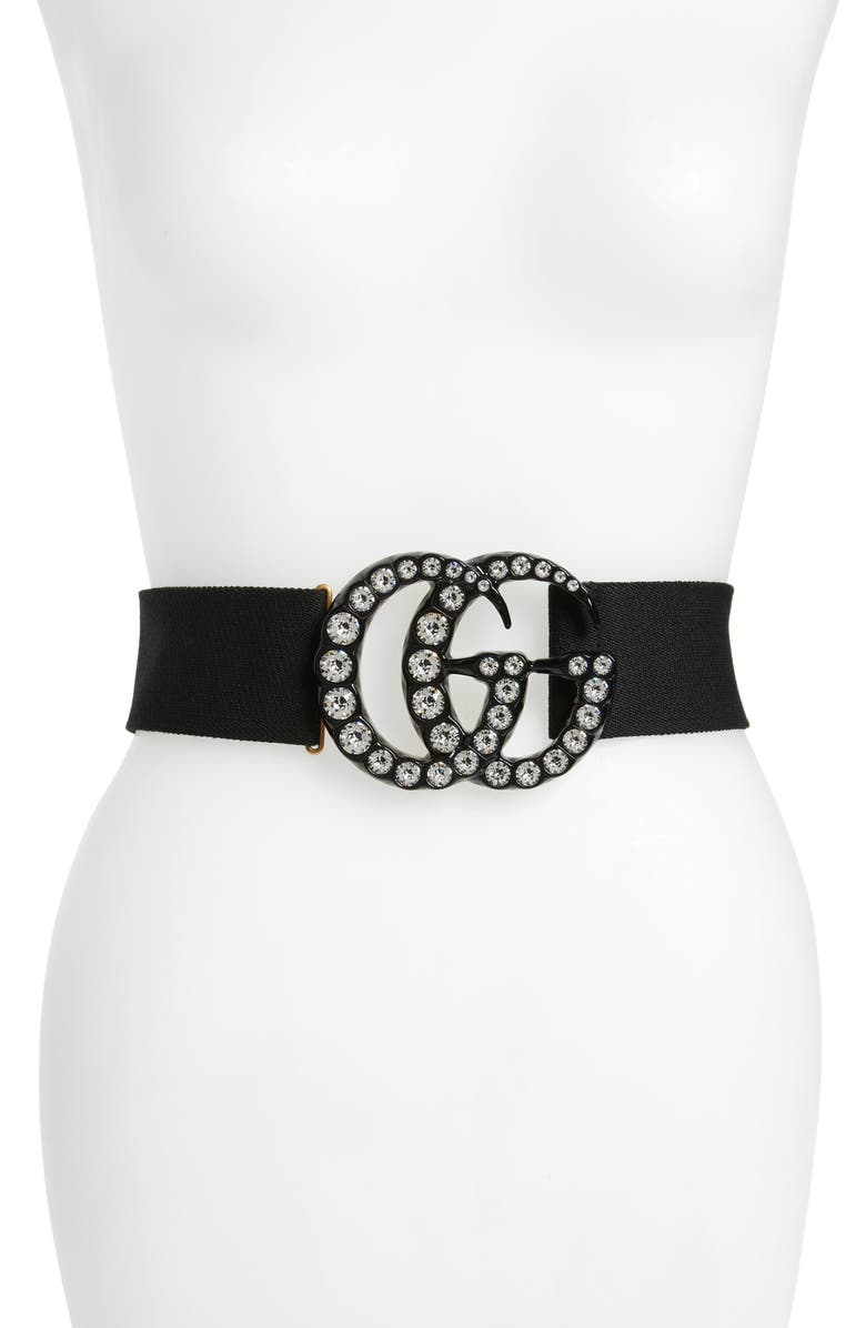 Gucci GG Marmont Crystal Buckle Stretch Belt, Main, color,