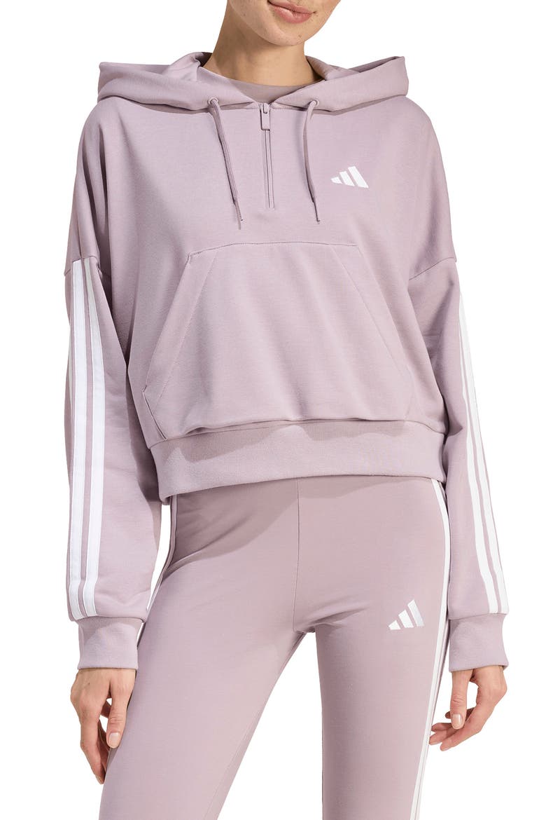 Essentials 3-Stripe Quarter Zip Sweatshirt, Main, color, PRELOVED FIG/ WHITE
