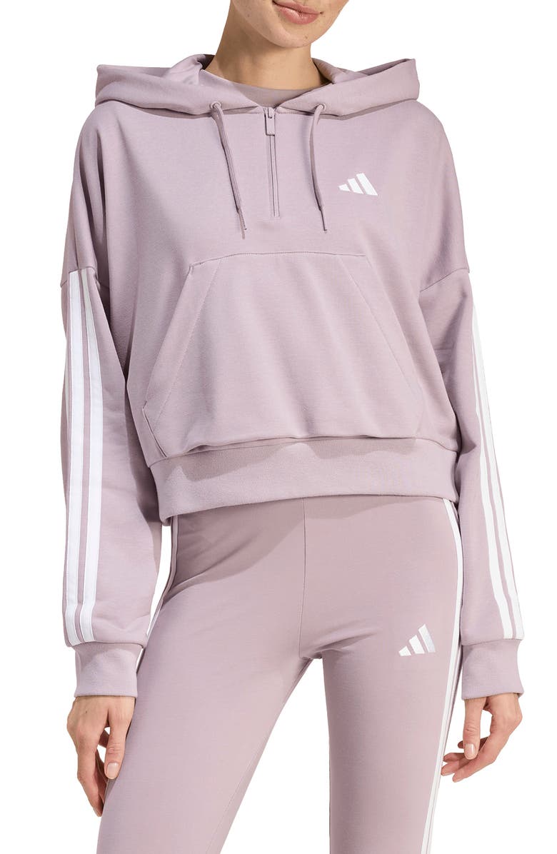 adidas Essentials 3-Stripe Quarter Zip Sweatshirt, Main, color, Preloved Fig/ White
