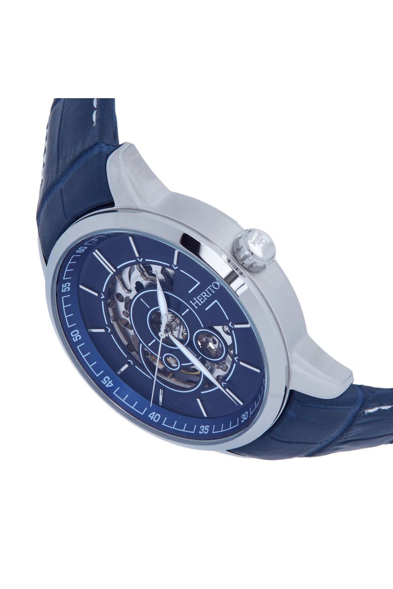 Davies Semi-Skeleton Leather-Band Watch, Alternate, color, Silver/Navy