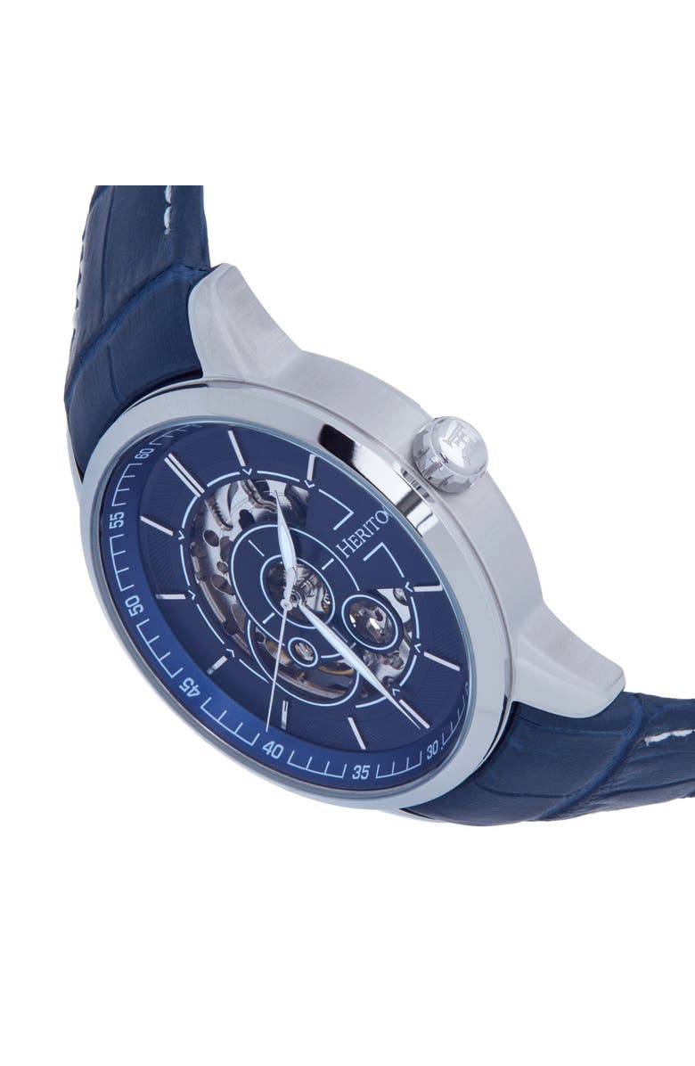 Heritor Automatic Davies Semi-Skeleton Leather-Band Watch, Alternate, color, Silver/Navy