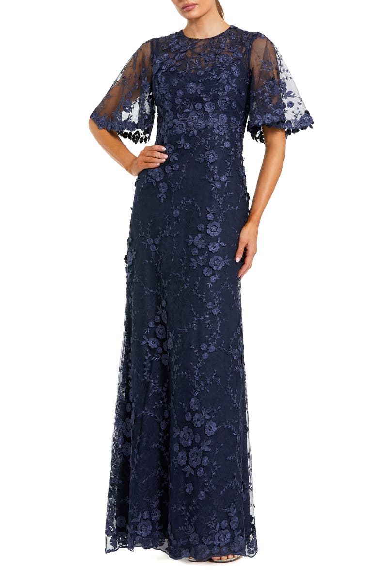Mac Duggal Flutter Sleeve Floral Emboridered Net Gown, Main, color, Midnight