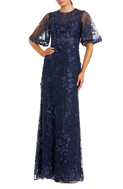 Mac Duggal Flutter Sleeve Floral Emboridered Net Gown In Blue