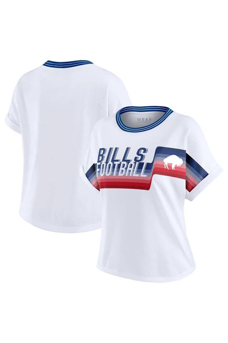 Women's WEAR by Erin Andrews White Buffalo Bills Cropped Center Stripe Dolman T-Shirt, Alternate, color, White