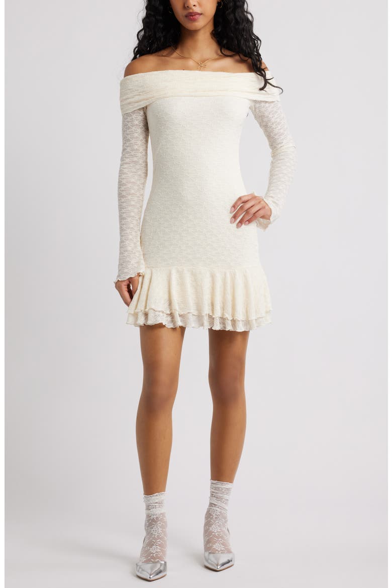 Long Sleeve Lace Off the Shoulder Minidress, Main, color, IVORY