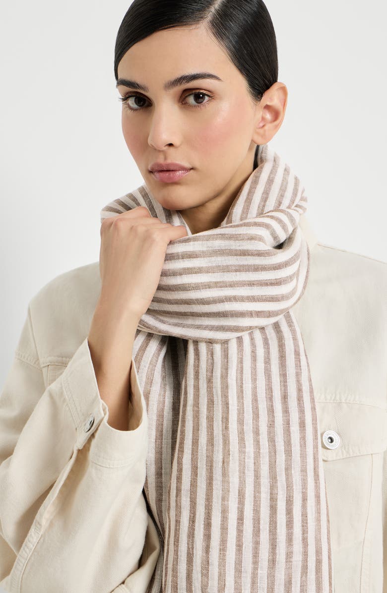 Brunello Cucinelli Sparkling striped linen scarf, Alternate, color, Panama