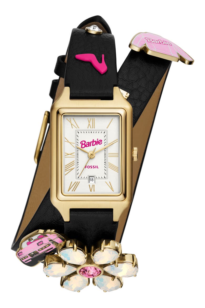 x Barbie Double Wrap Leather Strap Watch, 23mm, Main, color, BLACK
